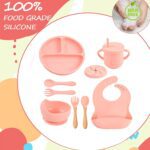 9 Pcs Silicone Baby Feeding Set with Adjustable Bib, Suction Bowl, Divided Plate, Straw Cup, and Cutlery