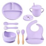 9 Pcs Silicone Baby Feeding Set with Adjustable Bib, Suction Bowl, Divided Plate, Straw Cup, and Cutlery - Image 3