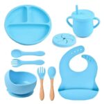 9 Pcs Silicone Baby Feeding Set with Adjustable Bib, Suction Bowl, Divided Plate, Straw Cup, and Cutlery - Image 2