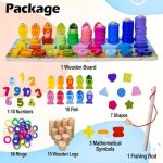 Wooden 6 in 1 Multifunctional Learning Board Puzzle, Numbers, Shapes, Fishing Game, Stacking, Montessori Game Educational Toys for Kids, Multicolour, 3+ Years - Image 2