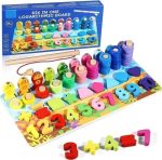 Wooden 6 in 1 Multifunctional Learning Board Puzzle, Numbers, Shapes, Fishing Game, Stacking, Montessori Game Educational Toys for Kids, Multicolour, 3+ Years