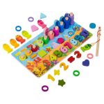 Wooden 6 in 1 Multifunctional Learning Board Puzzle, Numbers, Shapes, Fishing Game, Stacking, Montessori Game Educational Toys for Kids, Multicolour, 3+ Years - Image 3